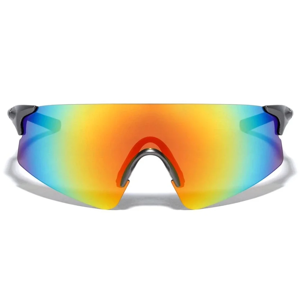 Mens Rimless Wrap Around Sport Sunglasses Iridescent Rainbow Shield Gunmetal New